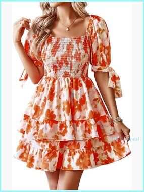 Floral Print Puff Sleeve Square Neck Tiered Layer Shirred Dress